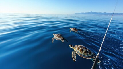 Obraz premium Sea turtles swimming ocean, mountains background; wildlife, nature