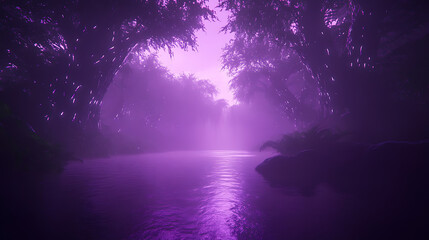 Fototapeta na wymiar Purple Enchanted Forest River Dreamscape Featuring Ethereal Atmosphere And Serene Waterscape Visuals