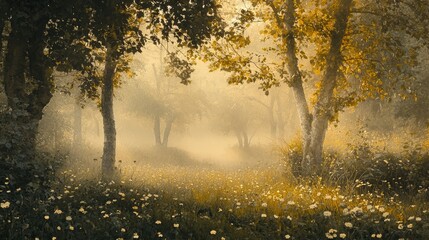 Fototapeta premium Serene Misty Forest Scene with Sunlight Filtering Through Trees