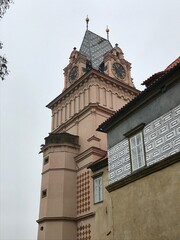 autumn landscape with trees and green leaves. old castle Brandys and Labem