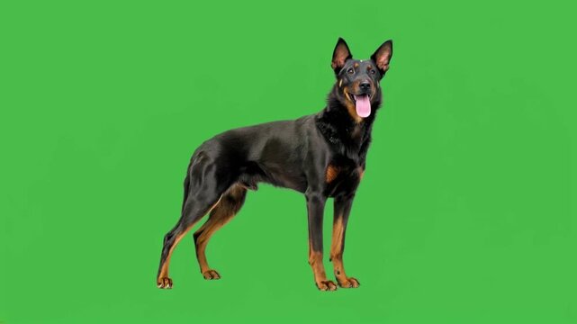 beauceron Dog standing on green screen background for compositing filmmaking photography and creative projects in studio