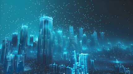 Obraz premium Futuristic cityscape illuminated by blue lights with a digital atmosphere and floating particles