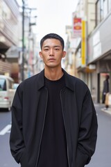 Fototapeta premium A young man wearing a black jacket and shirt stands on a city street. He is looking straight ahead, seemingly lost in thought. The street is lined with cars and a few other people are walking by