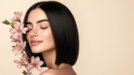 Fototapeta premium Serene woman, flowers, beauty, skincare, studio, calm, pastel background, advertising