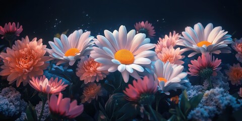 3D render of colorful daisies and chrysanthemums on a dark background