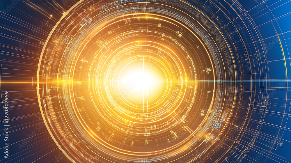 Poster radiant abstract circular technology tunnel visual display golden light complex structure