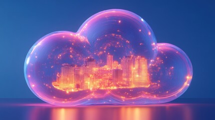 Obraz premium Cityscape inside glowing cloud, futuristic data storage concept