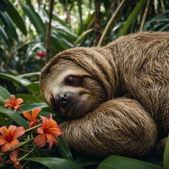 A group of capybaras lounging near a rainforest stream.