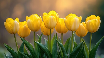 Obraz premium Vibrant Yellow Tulips in Full Bloom Against a Soft Sunrise Background