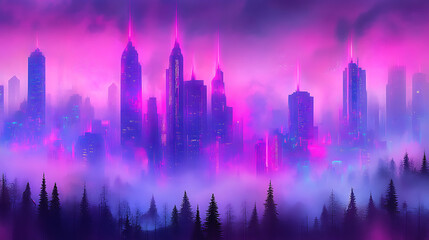 Fototapeta premium Radiant Cityscape Emerging through the Purple Haze with Majestic Skyscrapers and Silhouetted Trees
