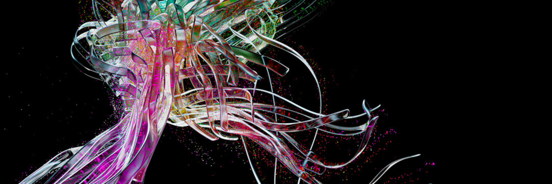 Abstract 3D glass bands with particles on a black background