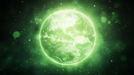 Obraz premium Radiant Earth Glowing in Emerald Hues Amidst a Starry Nebula Displaying Continents and Celestial Beauty