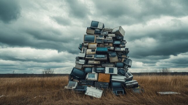 Towering stack of electronic junk in an empty field, under thick, foreboding clouds, showcasing industrial waste challenges