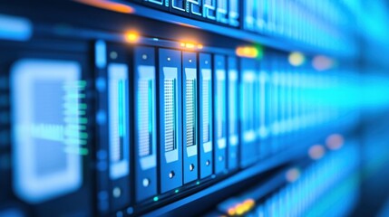 Data center server rack, blue lighting, technology, storage, background blur, tech infrastructure, website illustration