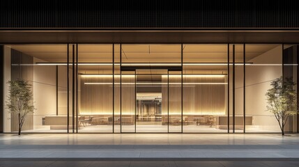 Obraz premium Modern restaurant exterior, nighttime, city, warm lighting, sleek design, stock photo