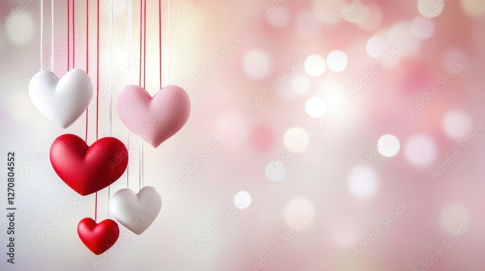 Fototapete valentine-themed card design with red, white, and pink hearts hanging from strings on a soft rose ba