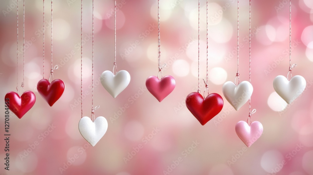 Fototapete Valentine-themed card design with red, white, and pink hearts hanging from strings on a soft rose background. Ample space for text