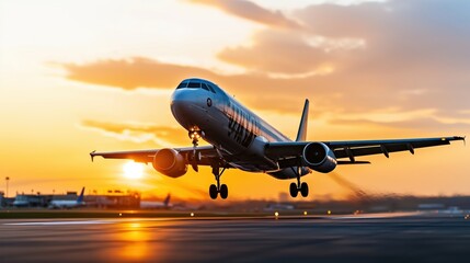 Airplane Taking Off at Sunset with Vibrant Colors in the Sky Against a Backdrop of an Airport Scene and Silhouetted Buildings