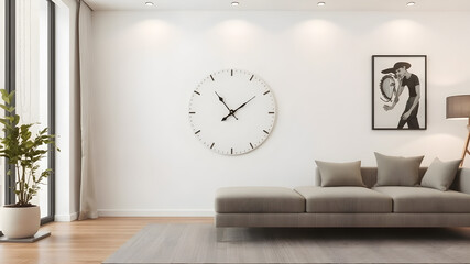 A modern wall clock mockup in a stylish living room with a minimalist aesthetic. The blank clock face offers space for custom designs, with soft ambient lighting enhancing the scene.