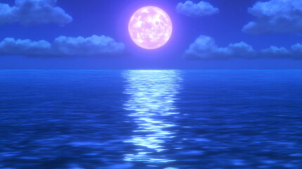 Radiant Moon over Tranquil Blue Ocean Night Scenery