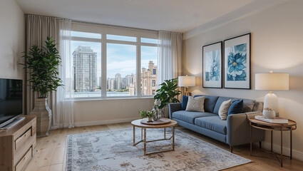 Fototapeta premium Modern living room interior with city view featuring elegant furniture