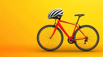 Fototapeta premium Minimalist Design of a Red Bicycle with a Cycling Helmet on a Yellow Background