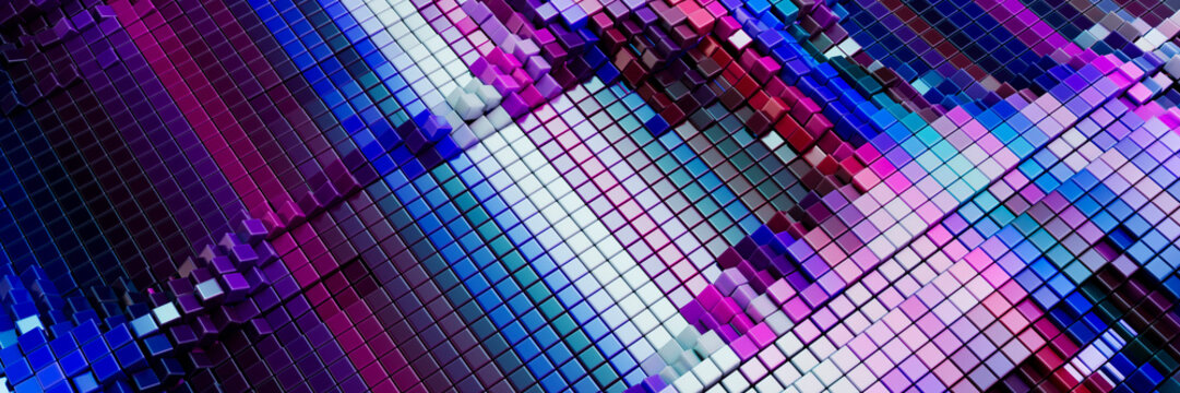 3D render of neon colored cubes in an abstract geometric pattern