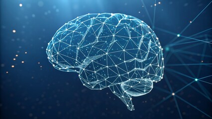 Fototapeta premium Abstract Low Poly Brain: AI, Wisdom, Intelligence. Blue Wireframe Brain, Futuristic Neural Network, Digital Mind, Technology Concept. Geometric Polygonal 