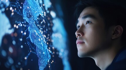 Man studying global network data, futuristic interface
