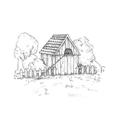 Farm landscape scene with chicken coop, fence, trees and bushes. Vector black and white illustration hand drawn with ink. © Anastasiia