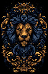 Lion with a golden mane and blue fur. The lion has a fierce look on its face