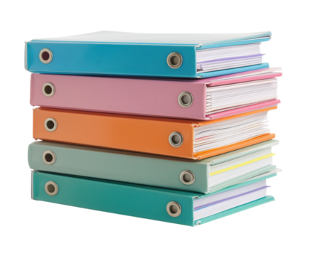 Colorful binders stacked together on a transparent background