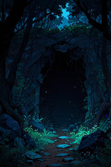 Enchanted Forest Entrance A Dark Cave Entrance Hidden Within a Mysterious and Shadowy Forest Night
