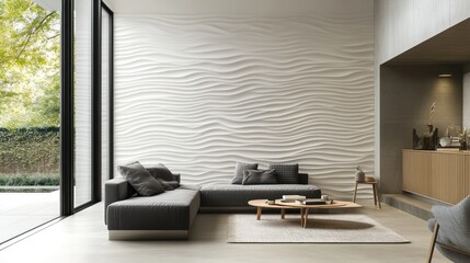 Modern living room with textured wall, patio view, minimalist design, interior decor