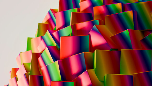 Abstract 3D render of multicolour geometric shapes with a rainbow pattern