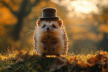 Hedgehog Wearing Stylish Hat in Autumn Landscape with Warm Colors