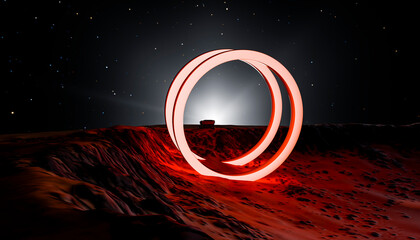 3D render of a glowing abstract circle on a Martian landscape at night