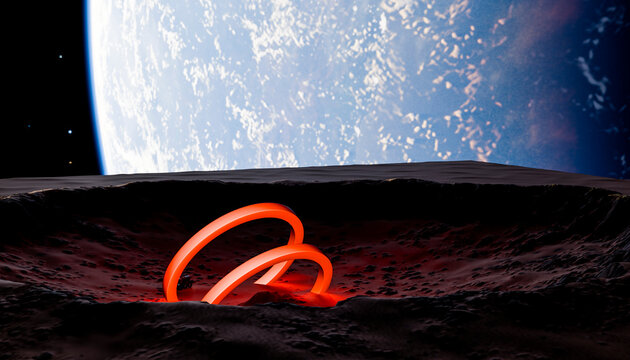 3D render of a glowing ring structure on a cratered surface with a planet in the background
