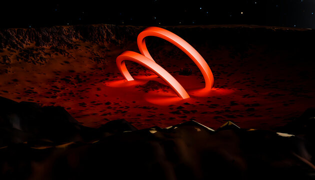 3D render of glowing rings in a Martian crater at night