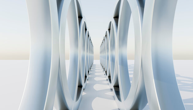 Abstract 3D architectural render with geometric design and clear sky