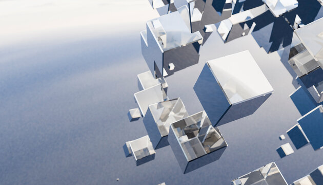 3D render of floating white cubes against a sky background