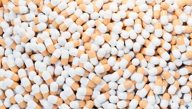 3D render of a pile of orange and white capsules representing medicine and pharmacy