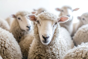 Flock of sheep grazes peacefully in a rustic farm setting alive with nature. Detailed closeup of brown and white sheep herd. Concept of sheep farming and herding. Open-air sheepfold. Farmhouse