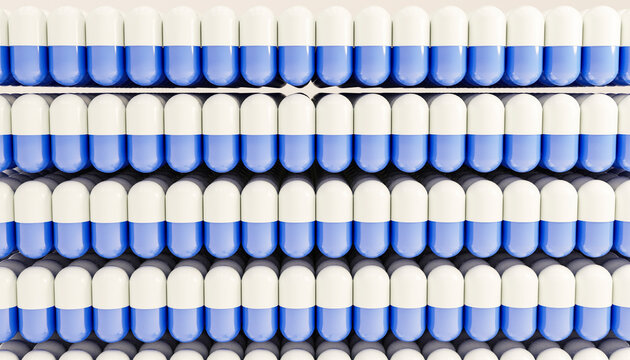 3D render of stacked blue and white capsules in a pharmacy setting