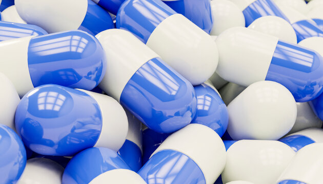 3D render of blue and white capsules in a pile