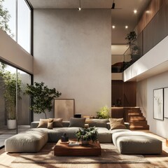 Fototapeta premium Modern living room, double-height ceiling, natural light, indoor plants, minimalist design, home interior, architectural visualization, real estate