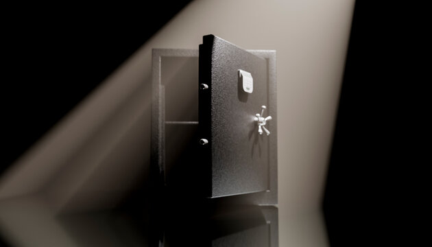 3D render of an open safe under a spotlight symbolizing security and finances