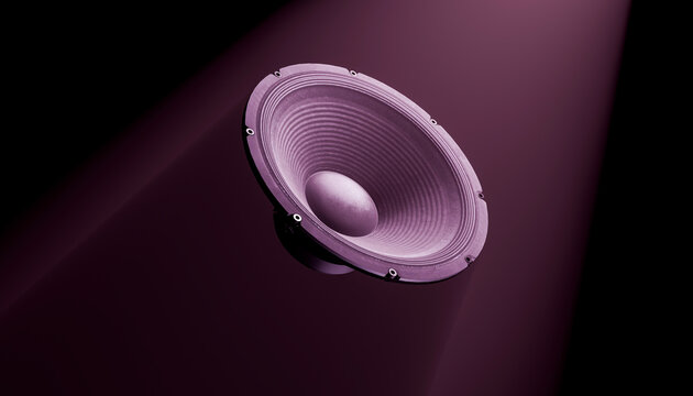 3D render of a purple loudspeaker under a spotlight