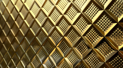 Close-up of a textured golden surface with diamond patterns reflecting light, creating depth