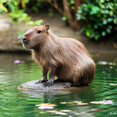  capybara wildlife photo as it sits on a rock in water